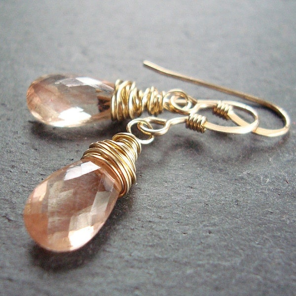 Oregon  Sunstone Briolette 14k Gold Filled Dangle Earrings - Candied Peaches