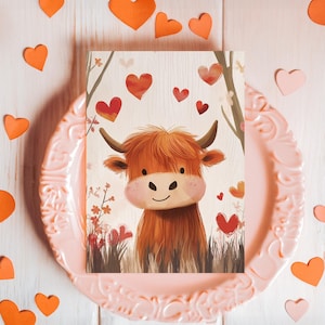 Tarjeta de vaca de las tierras altas, nota de amor personalizada, linda tarjeta de vaca, saludo personalizado para él y para ella