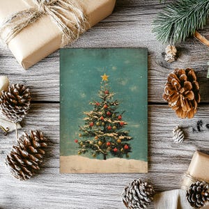 Tarjeta navideña personalizada con diseño de árbol de Navidad vintage, juego de 12 tarjetas de felicitación navideñas
