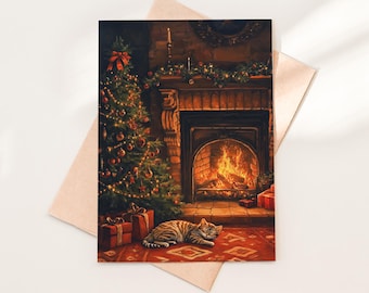 Cozy Christmas Cat Personalized Holiday Card, Fireplace Scene with Christmas Tree Envelope Included