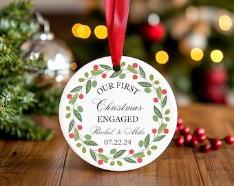 Personalized First Christmas Engaged Ornament: Holly Wreath Ceramic Keepsake