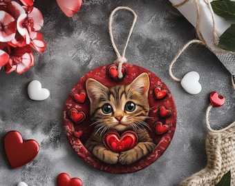 3D Cat Valentine's Day Ornament: Ceramic Holiday Decor