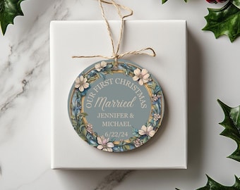 Personalized First Christmas Married Ornament: Floral Wreath Ceramic Keepsake