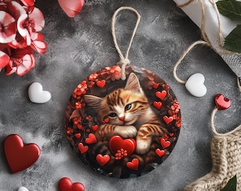 Sleepy Cat Valentine's Day Ornament: 3D Holiday Decor