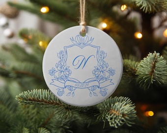Monogrammed Crest Christmas Ornament: First Christmas Engaged Gift