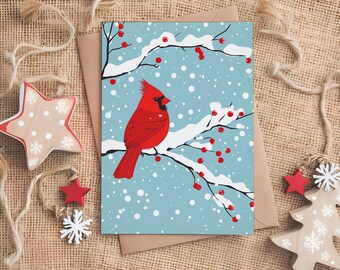 Cardinal in the Snow Personalized Christmas Card, Holiday Greeting Cards set of 12