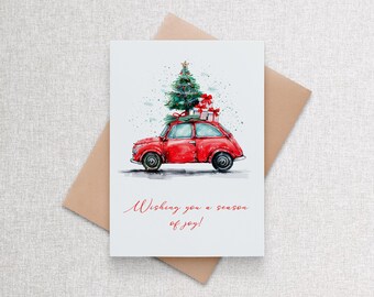 Vintage Red Car Christmas Card – Personalized Holiday Greeting Cards Single or set of 12