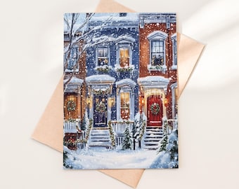 Row Homes Personalized Christmas Cards, Cozy Winter Holiday Greeting, New England Style with Envelopes