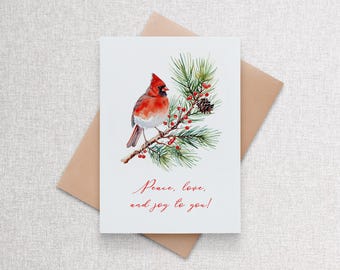 Peace Love Joy Cardinal Watercolor Personalized Holiday Greeting Cards Single or set of 12