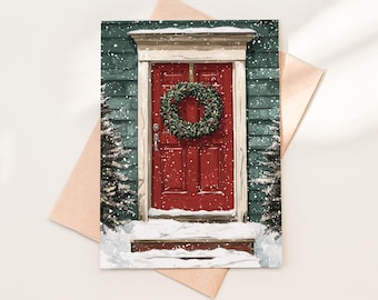 Home for the Holidays Red Door Personalized Christmas Holiday Card with Envelope