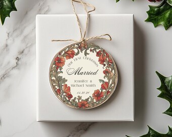 Personalized First Christmas Married Ornament: Floral Wreath Ceramic