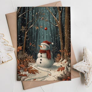 Tarjeta de Navidad personalizada con muñeco de nieve en el bosque, juego de 12 tarjetas de felicitación navideñas