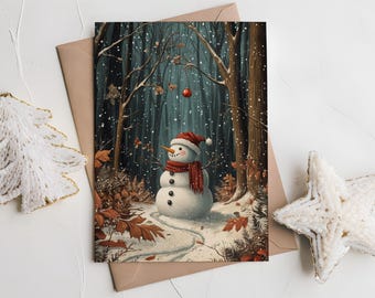 Snowman in the Forest Personalized Christmas Card, Holiday Greeting Cards set of 12