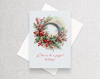 Christmas Wreath Watercolor Personalized Holiday Greeting Cards Single or set of 12