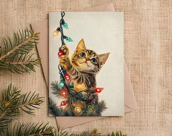 Cat in the Christmas Lights Card Personalized Greeting Card