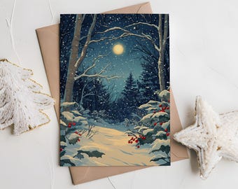 Snowy Moonlight in the Forest Personalized Christmas Card with Envelope