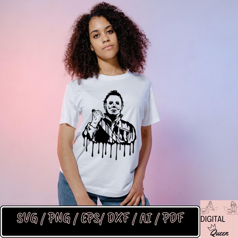 May include: Black and white silhouette of a horror movie character holding a knife with dripping blood. The character is wearing a mask and a jacket. The image is on a white t-shirt.