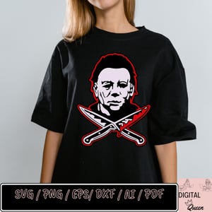 May include: Black t-shirt with a red and white graphic of a horror movie character with crossed knives. The text "SVG/PNG/EPS/DXF/AI/PDF" is at the bottom of the image.