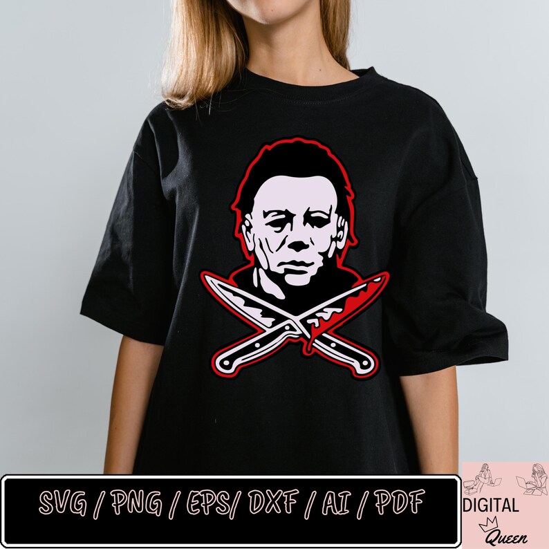 May include: Black t-shirt with a red and white graphic of a horror movie character with crossed knives. The text "SVG/PNG/EPS/DXF/AI/PDF" is at the bottom of the image.