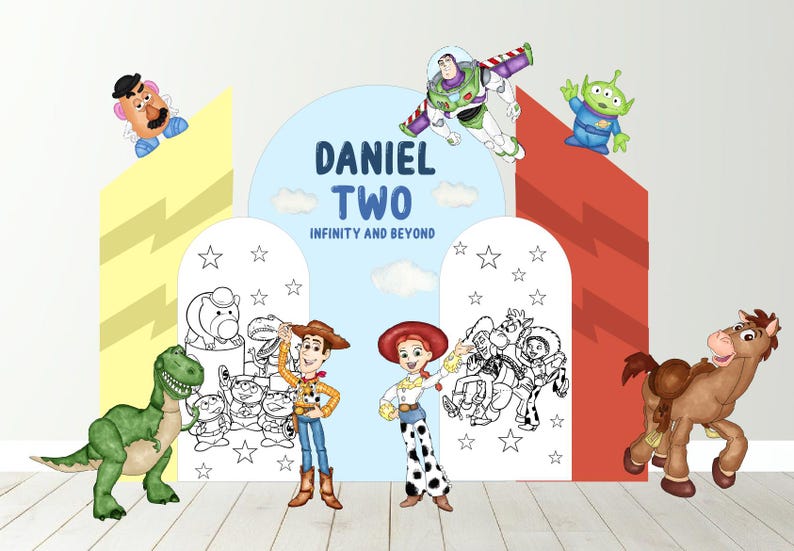 Puede incluir: Un tel&oacute;n de fondo de fiesta con tem&aacute;tica de Toy Story colorido con un arco azul que dice "DANIEL TWO INFINITY AND BEYOND". El tel&oacute;n de fondo presenta personajes de la pel&iacute;cula, incluidos Woody, Buzz Lightyear, Jessie y Rex.