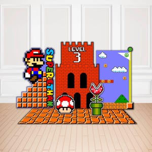 Może przedstawiać: Zestaw dekoracji w stylu pixel art przedstawiający czerwoną i niebieską postać na pomarańczowych schodach z napisem SUPER ETHAN, czerwony ceglany zamek z napisem LEVEL 3, czerwono-biały grzyb, roślinę piranha w rurze oraz niebieskie tło.