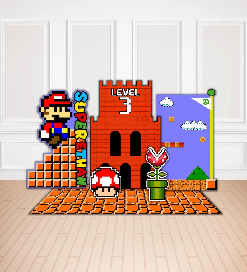 Może przedstawiać: Zestaw dekoracji w stylu pixel art przedstawiający czerwoną i niebieską postać na pomarańczowych schodach z napisem SUPER ETHAN, czerwony ceglany zamek z napisem LEVEL 3, czerwono-biały grzyb, roślinę piranha w rurze oraz niebieskie tło.