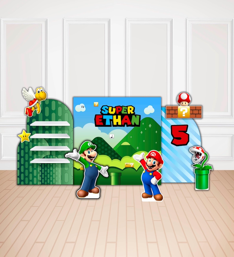 Może przedstawiać: Dekoracja imprezowa z motywem Super Mario, zawierająca centralne tło z napisem Super Ethan, zielonymi wzg&oacute;rzami i niebieskim niebem. Zestaw zawiera wycięte postacie Mario, Luigiego, skrzydlatego Koopa Troopa, roślinę Piranha oraz dużą czerwoną cyfrę 5.