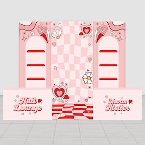 May include: A pink and red display stand with heart and flower designs. The stand features shelves, a checkered backdrop, and the text "Nail Lounge" and "Charm Atelier". The design has a retro, Valentine's Day theme.