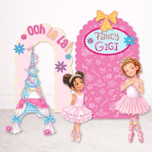 May include: A pink and blue Eiffel Tower archway with the text "Ooh La La!" and a pink sign with the text "Fancy Gigi" and two illustrations of ballerinas in pink tutus and ballet slippers.
