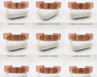 Pure Copper Christian Cuff Bracelet, Sacred Heart, Jerusalem Cross, Lamb of God