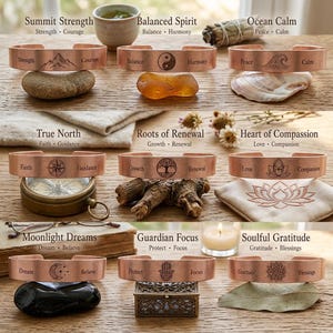 Puede incluir: Brazaletes de puño de cobre con palabras y símbolos inspiradores. Cada pulsera presenta un tema diferente, incluyendo Summit Strength, Balanced Spirit, Ocean Calm, True North, Roots of Renewal, Heart of Compassion, Moonlight Dreams, Guardian Focus y Soulful Gratitude.