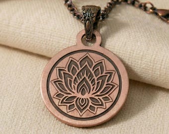 Copper Lotus Mandala Necklace, Engraved Flower Pendant, Boho Spiritual Jewelry