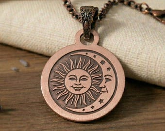 Copper Sun and Moon Pendant Necklace, Celestial Boho Jewelry, Vintage Style Harmony Medallion