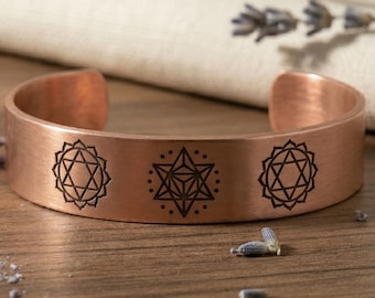 Sacred Geometry Copper Cuff Bracelet, Merkaba Anahata Chakra, Spiritual Healing Bangle