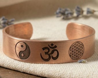 Pure Copper Cuff Bracelet, Om Mantra, Yin Yang, Flower of Life Sacred Symbols