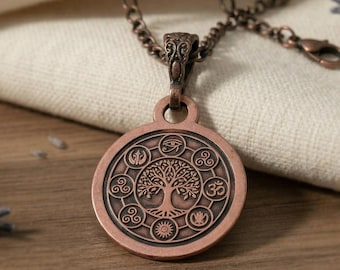 Tree of Life Copper Medallion Necklace, Eye of Horus Om Celtic Symbols
