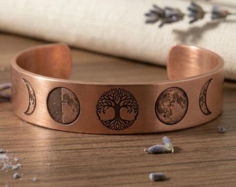 Pure Copper Tree of Life Moon Phases Cuff Bracelet, Celestial Bangle