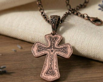 Antique Copper Celtic Cross Necklace, Ornate Handcrafted Pendant, Boho Jewelry