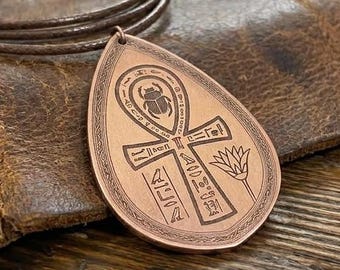 Pure Copper Ankh Scarab Lotus Pendant, Ancient Egyptian Spiritual Talisman Necklace