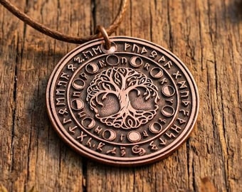 Tree of Life Moon Phases Copper Necklace Ancient Rune Talisman Norse Mythology Pendant Celestial Nature Jewelry Solid Copper Spiritual