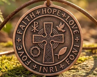 Pure Copper Celtic Cross Pendant: Faith Hope Love, Ichthys Chi-Rho Symbols