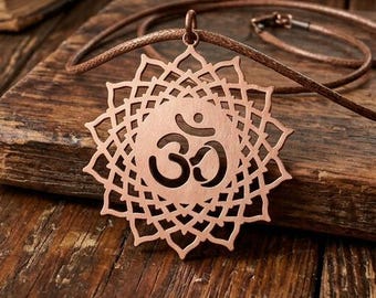 Copper Om Symbol Lotus Pendant, Sahasrara Crown Chakra Necklace, Spiritual Enlightenment Jewelry