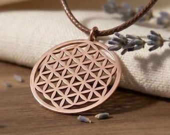 Reines Kupfer Blume des Lebens Halskette, Heilige Geometrie Anhänger, Boho Schmuck