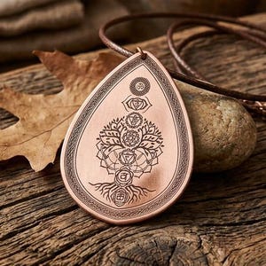 May include: A copper-colored pendant with a tree of life design and chakra symbols, displayed on a rustic wooden surface. The pendant hangs on a brown leather cord. Other items in the image include a stack of beige fabric, a small basket, and a vase with lavender.