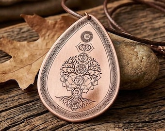 Pure Copper 7 Chakras Tree of Life Pendant, Teardrop Sacred Energy Necklace
