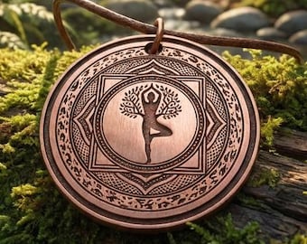 Pure Copper Yoga Tree Pose Pendant: Vrksasana Balance Mandala Jewelry