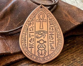 Pure Copper Ankh Eye of Horus Scarab Pendant, Egyptian Hieroglyph Talisman Necklace