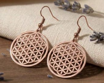 Pure Copper Flower of Life Earrings, Sacred Geometry Dangle, Lotus Yoga Jewelry
