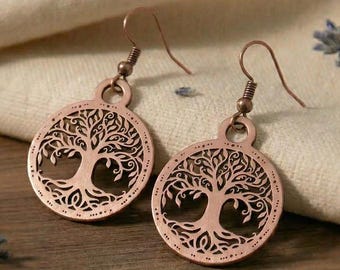 Pure Copper Tree of Life Dangle Earrings, Sacred Geometry Openwork Jewelry
