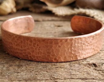 Hand-Hammered Pure Copper Cuff Bracelet, Rustic Artisan Bangle, 15mm Wide Grounding Jewelry